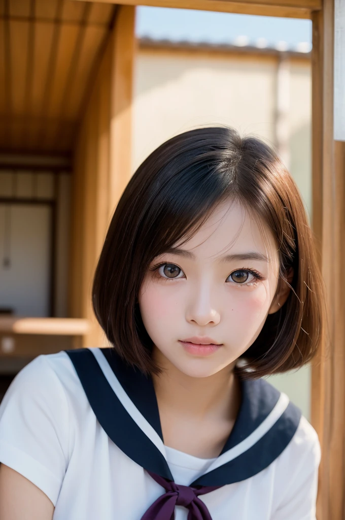 (1 Girl )、(Beautiful Japanese、18years old,round face、Refreshing、clear、seems kind、stylish、Pitiful、cute like an angel、cute、black eyes、(Single eyelid:1.3)、Beautiful skin), {(Japan human face:1.4),(General facial features)} , (((Beautiful breasts:0.4))),(((soft breasts))),(very cute),(short hair),(enchanting eyes),(highlight on eyes:1.2)、(8K、Live shooting、highest quality、masterpiece:1.2、optimal lighting)、((masterpiece)),(Photo taken by a professional photographer),(real、photo real:1.4),BREAK,{(cute Japanese high school sailor uniform),((traditional Sailor Suit:1.0))},(cheeks are red:1.3), BREAK, BREAK,Face shot:1.3、 face close-up,Looking at viewer,lonly face:1.4、Japan,morning、Summer、from above、Japanese high school classroom,(((1970s vibe)))