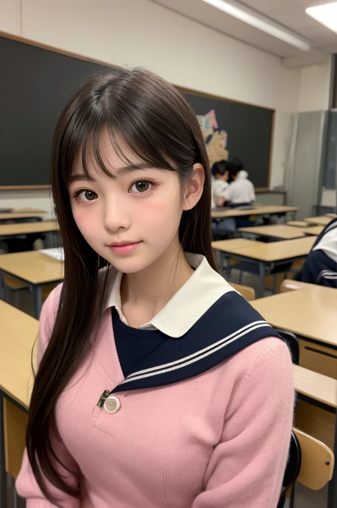 (1 Girl )、(Beautiful Japanese、18years old,round face、Refreshing、clear、seems kind、stylish、Pitiful、cute like an angel、cute、black eyes、(Single eyelid:1.3)、Beautiful skin), {(Japan human face:1.4),(General facial features)} , (((Beautiful breasts:0.4))),(((soft breasts))),(very cute),(short hair),(enchanting eyes),(highlight on eyes:1.2)、(8K、Live shooting、highest quality、masterpiece:1.2、optimal lighting)、((masterpiece)),(Photo taken by a professional photographer),(real、photo real:1.4),BREAK,{(cute Japanese high school sailor uniform),((traditional Sailor Suit:1.0))},(cheeks are red:1.3), BREAK, BREAK,Face shot:1.3、 face close-up,Looking at viewer,lonly face:1.4、Japan,morning、Summer、from above、Japanese high school classroom,(((1970s vibe)))