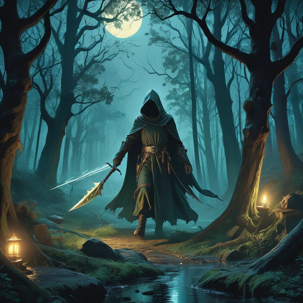 Imagine a medieval fantasy forest, dense with ancient trees and shrouded in mist, where a cunning thief moves silently through the underbrush. The thief, clad in dark, weather-worn leathers that blend seamlessly with the forest shadows, has a lithe and agile build. A hood obscures their face, revealing only piercing eyes that scan the surroundings for any signs of danger or opportunity. At their waist, a belt bristles with lockpicks, daggers, and pouches of stolen treasures. They come upon a hidden clearing, where a small, dimly lit camp reveals the spoils of their latest heist—gleaming coins, jeweled trinkets, and a mysterious, ancient artifact. The sounds of nocturnal creatures fill the air, and the canopy above filters the moonlight, creating an ethereal, dappled effect on the forest floor. Capture the tension and intrigue of this scene, where the thief’s skills and wits are their only allies in the medieval fantasy world."