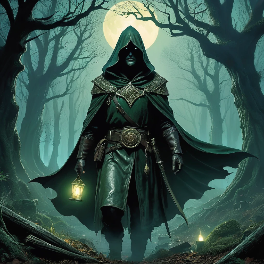 Imagine a medieval fantasy forest, dense with ancient trees and shrouded in mist, where a cunning thief moves silently through the underbrush. The thief, clad in dark, weather-worn leathers that blend seamlessly with the forest shadows, has a lithe and agile build. A hood obscures their face, revealing only piercing eyes that scan the surroundings for any signs of danger or opportunity. At their waist, a belt bristles with lockpicks, daggers, and pouches of stolen treasures. They come upon a hidden clearing, where a small, dimly lit camp reveals the spoils of their latest heist—gleaming coins, jeweled trinkets, and a mysterious, ancient artifact. The sounds of nocturnal creatures fill the air, and the canopy above filters the moonlight, creating an ethereal, dappled effect on the forest floor. Capture the tension and intrigue of this scene, where the thief’s skills and wits are their only allies in the medieval fantasy world."