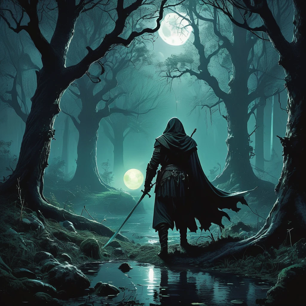 Imagine a medieval fantasy forest, dense with ancient trees and shrouded in mist, where a cunning thief moves silently through the underbrush. The thief, clad in dark, weather-worn leathers that blend seamlessly with the forest shadows, has a lithe and agile build. A hood obscures their face, revealing only piercing eyes that scan the surroundings for any signs of danger or opportunity. At their waist, a belt bristles with lockpicks, daggers, and pouches of stolen treasures. They come upon a hidden clearing, where a small, dimly lit camp reveals the spoils of their latest heist—gleaming coins, jeweled trinkets, and a mysterious, ancient artifact. The sounds of nocturnal creatures fill the air, and the canopy above filters the moonlight, creating an ethereal, dappled effect on the forest floor. Capture the tension and intrigue of this scene, where the thief’s skills and wits are their only allies in the medieval fantasy world."