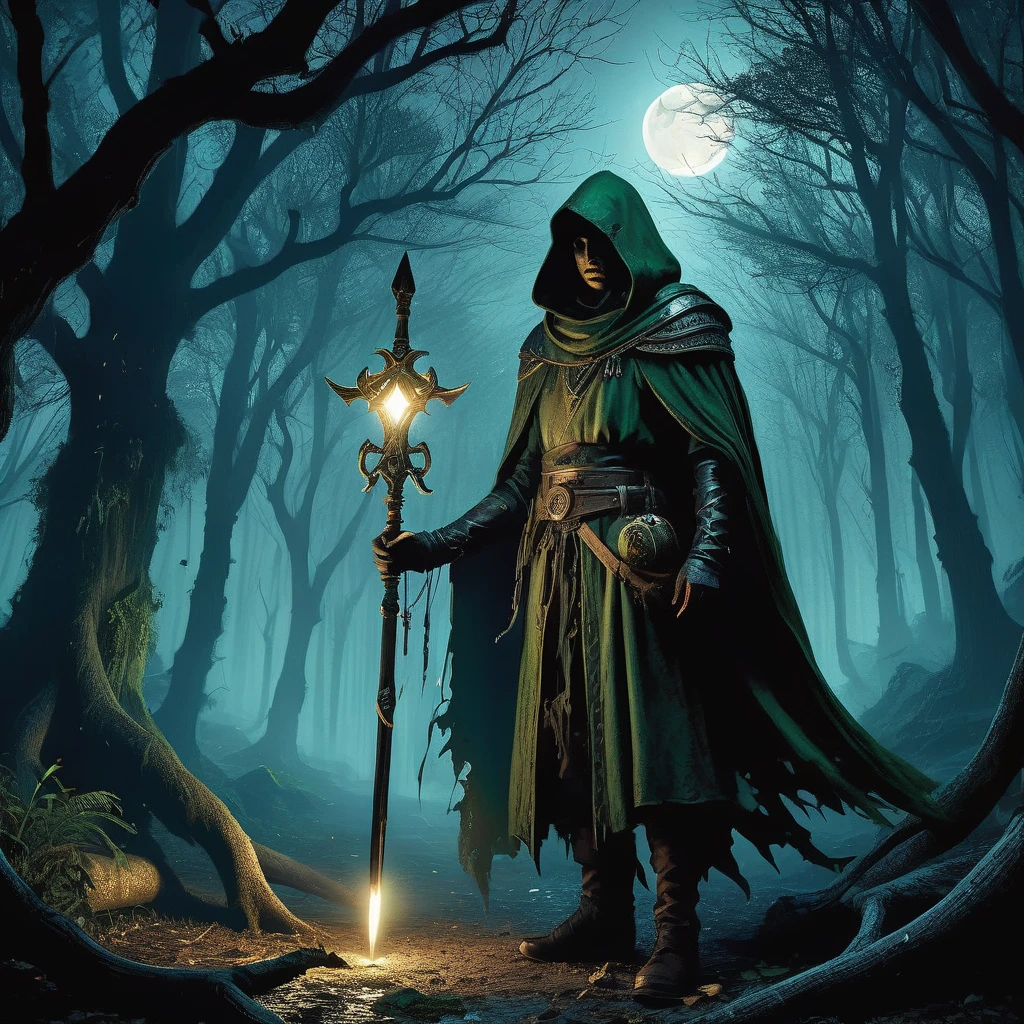 Imagine a medieval fantasy forest, dense with ancient trees and shrouded in mist, where a cunning thief moves silently through the underbrush. The thief, clad in dark, weather-worn leathers that blend seamlessly with the forest shadows, has a lithe and agile build. A hood obscures their face, revealing only piercing eyes that scan the surroundings for any signs of danger or opportunity. At their waist, a belt bristles with lockpicks, daggers, and pouches of stolen treasures. They come upon a hidden clearing, where a small, dimly lit camp reveals the spoils of their latest heist—gleaming coins, jeweled trinkets, and a mysterious, ancient artifact. The sounds of nocturnal creatures fill the air, and the canopy above filters the moonlight, creating an ethereal, dappled effect on the forest floor. Capture the tension and intrigue of this scene, where the thief’s skills and wits are their only allies in the medieval fantasy world."