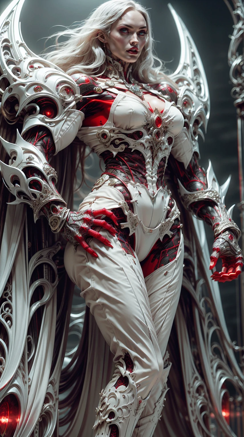 (((megan fox))), (masterpiece:1.1), (best quality:1.1), ((full body view:1.25)), (ornate:1.1), (red and black coloring:1.26), BREAK, (horror:1.0), (esoteric:1.1), (solo:1.4), (dynamic angle:1.0), (cowboy shot:1.0), (woman:1.1),(very muscular bodybuilder girl:1.25), (huge upper body:1.25), (narrow hips:1.0), long hair, (gothic intricate vampiric armor:1.25), (gauntlets:1.0), (shoulder armor:1.1), ((tarot style frame:1.25)), (glowing red eyes:1.25), (huge muscular arms:1.5,) thin legs, Realistic, Very detailed face and eyes, masterpiece
