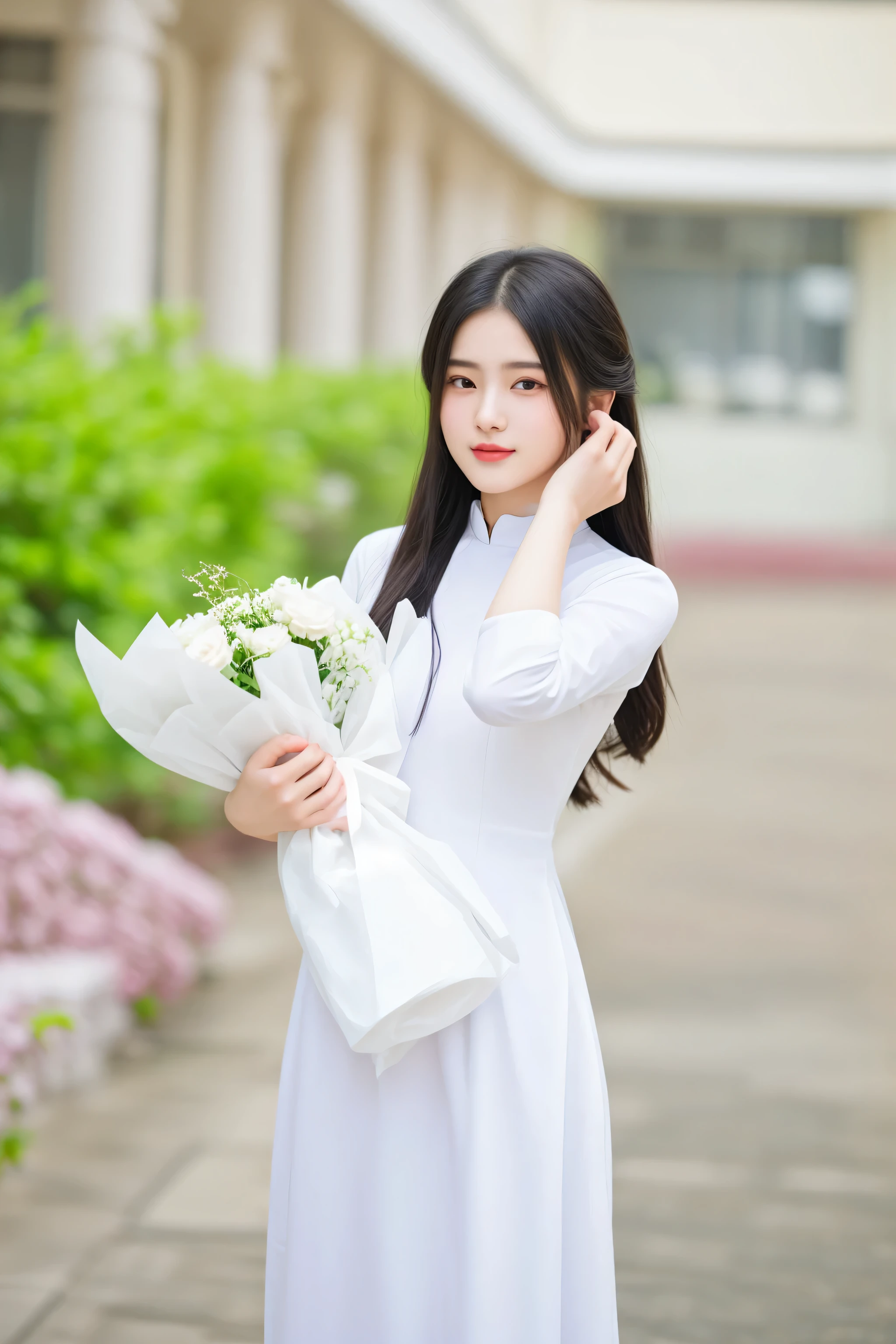 araffe woman in a white dress holding a bouquet of flowers, young asian girl, a cute young woman, ao dai, young asian woman, young and cute girl, cute young woman, a young asian woman, vietnamese woman, beautiful asian girl, asian girl with long hair, wearing white dress, beautiful young asian woman, wearing a cute white dress