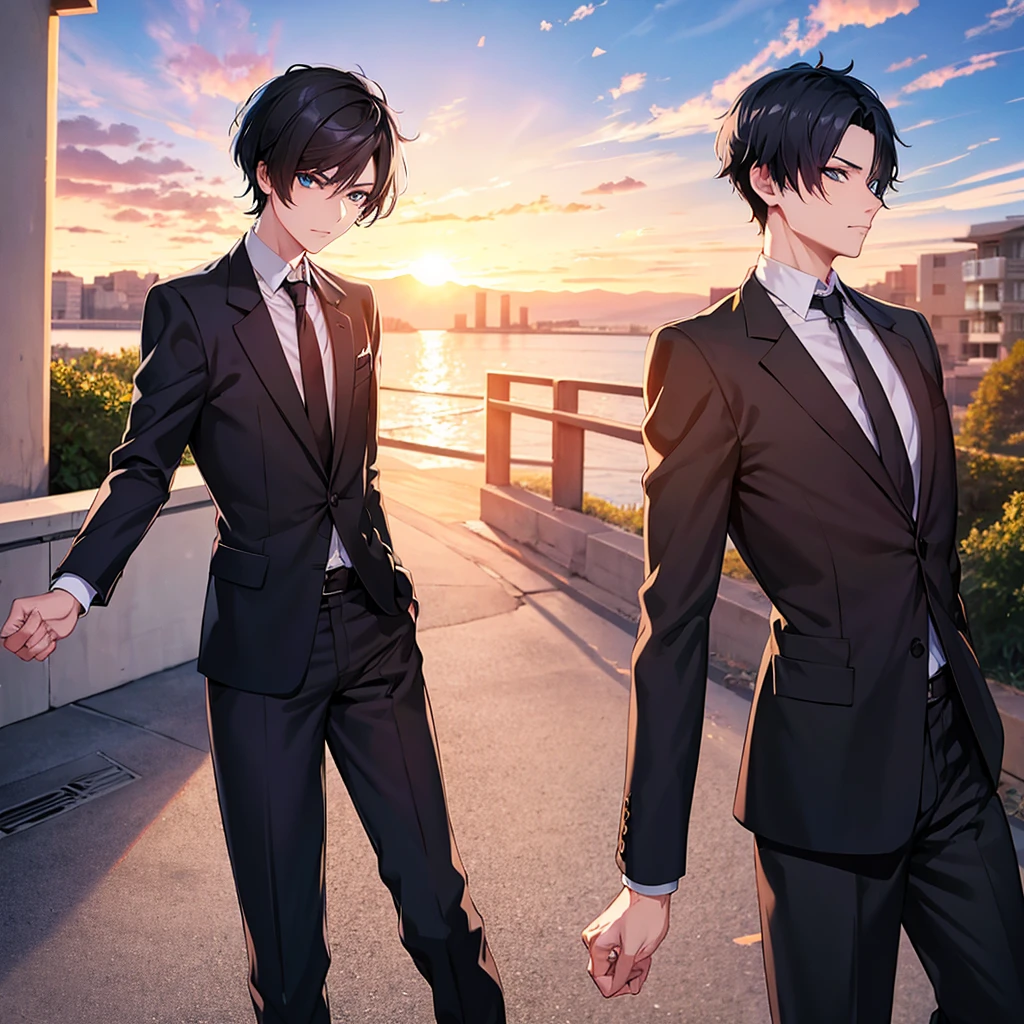 Anime style, 1boy, short black hair, light blue eyes, wearing all black suits, street, sunset, high res, ultrasharp, 8k, masterpiece, looking at viewer from behind