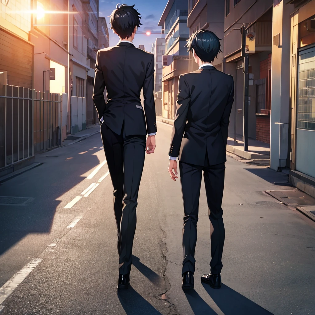 Anime style, 1boy, short black hair, light blue eyes, wearing all black suits, street, sunset, high res, ultrasharp, 8k, masterpiece, looking at viewer from behind