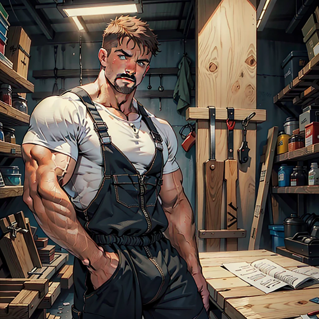 masterpiece, best quality, face, natural eyes, 1man, macho man,, muscled and mature, stephen amell as a carpenter wearing totally unbuttoned overall, sweating, tight cloth showing his muscles and bulge , full body , background wood workshop , woodwork of chairs , tools , wood parts , volumetric dynamic bright light .....