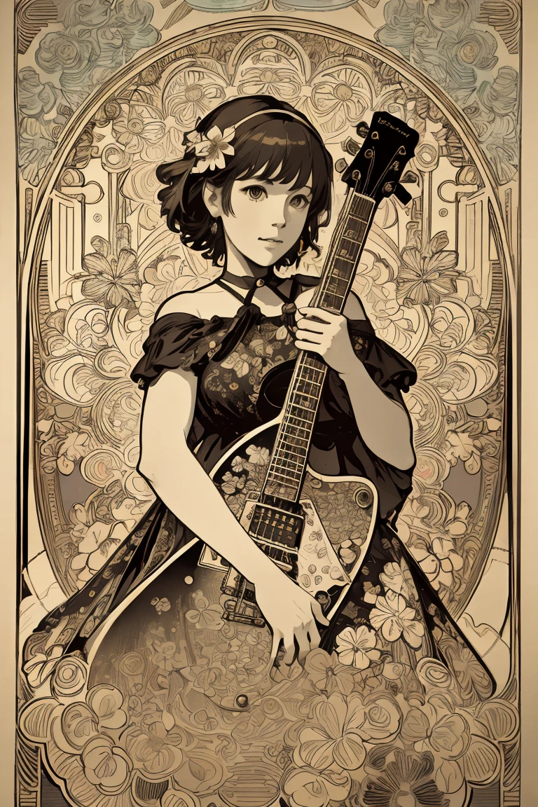 portrait of a electric guitar,Gibson,Cute girl,floral frame, Decorative panels, abstract artistic, by Alphonse Mucha (Masterpiece, Best Quality, Highres:1.4), Detailed, Intricate Details, 4K, color splashes, line art, fibonacci,
