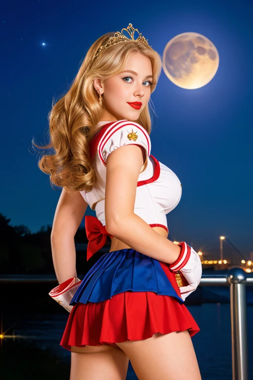 1 sweden girl, sexy girl, strikingly beautiful, blonde hair, big breasts, delicate facial features, porcelain skin, red lips, blue eyes, eyes hook the soul seduces you, ((awe and joy expression)), 18 years old, (Sailor Moon supersailormoon mer1, Tiara, Sailor Senshi Uniform Sailor: 1.2, Sailor Moon: 1.2), (hairstyle of the 1980s),her hair styled in classic pin curls, long hair floating in the wind, Sailor Senshi uniform, (blue collar, blue sailor collar, blue pre-gate mini skirt: 1.3, red bow on the chest: 1.3, long white gloves: 1.3, red gloves on the elbows, red bow behind the waist: 1.1, golden tiara, earrings), luxurious golden jewelry, thin, thin and muscular, big breasts, perfect proportions, Thin waist, sexy model pose, visible pores, perfect hands: 1.5, strong natural light, sunlight, exquisite lighting and shadow, (space background, moonlight, moon, dynamic background, detailed background)