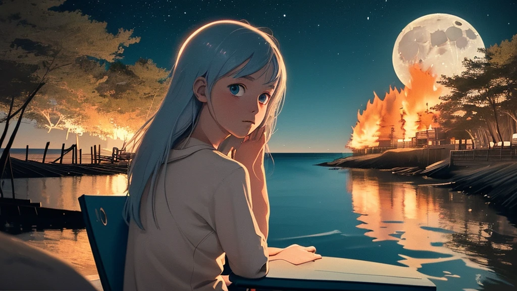 Lo-fi music anime illustration of a girl sitting on the beach at night watching a bonfire。The moon is reflected on the surface of the sea、It creates a calm and quiet atmosphere。The girl is relaxing in a camping chair、A gentle breeze makes me feel like time is passing slowly as my hair flutters.。The only light is from the moon and the bonfire