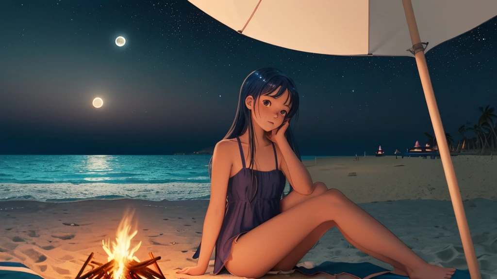 Lo-fi music anime illustration of a girl sitting on the beach at night watching a bonfire。The moon is reflected on the surface of the sea、It creates a calm and quiet atmosphere。The girl is relaxing in a camping chair、A gentle breeze makes me feel like time is passing slowly as my hair flutters.。The only light is from the moon and the bonfire