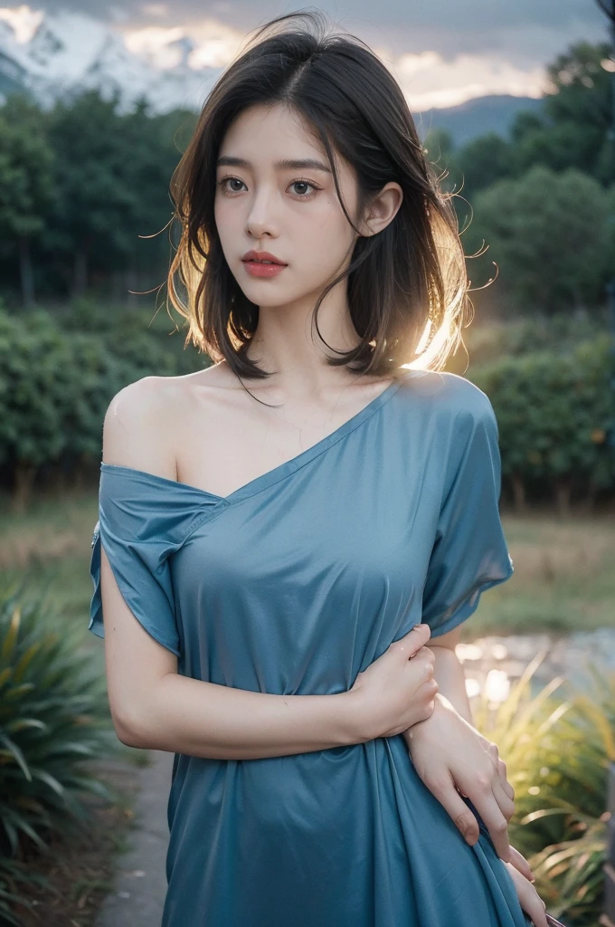 (((best quality))),(((ultra detailed))),(((masterpiece))),illustration,((1 beautiful girl,solo)),((slim,thin,flat chest)),(shoulder length straight bob hair:1.2),flowing hair,fair skin,(shiny skin:1.3),detailed eyes,laughing,(blue shirt dress:1.3),delicate necklace,grass,dewdropletts,trees,bird chirping,serenity,gratitude,awe,wonders of nature,peace,contentment,magnificent world,summer,(pitch-dark dawn:1.5),(night scene:1.3),((upper body,from front)),after rain,(wet:1.3),standing,on the path,At the mountaintop,confident gaze,elegant posture,mysterious atmosphere,solemn mood,dawn approaching,detailed decorations,(sunrise:1.3),(cloudy sky:1.2),rainbow,(Rural Landscape:1.2),horizon,