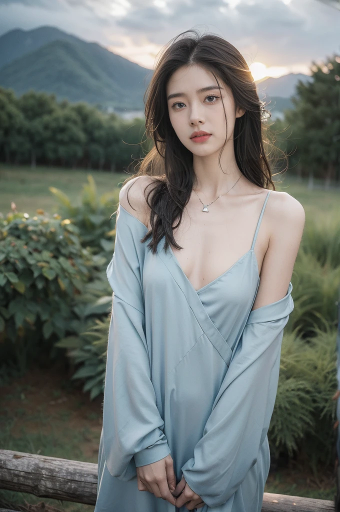 (((best quality))),(((ultra detailed))),(((masterpiece))),illustration,((1 beautiful girl,solo)),((slim,thin,flat chest)),(shoulder length straight bob hair:1.2),flowing hair,fair skin,(shiny skin:1.3),detailed eyes,laughing,(blue shirt dress:1.3),delicate necklace,grass,dewdropletts,trees,bird chirping,serenity,gratitude,awe,wonders of nature,peace,contentment,magnificent world,summer,(pitch-dark dawn:1.5),(night scene:1.3),((upper body,from front)),after rain,(wet:1.3),standing,on the path,At the mountaintop,confident gaze,elegant posture,mysterious atmosphere,solemn mood,dawn approaching,detailed decorations,(sunrise:1.3),(cloudy sky:1.2),rainbow,(Rural Landscape:1.2),horizon,