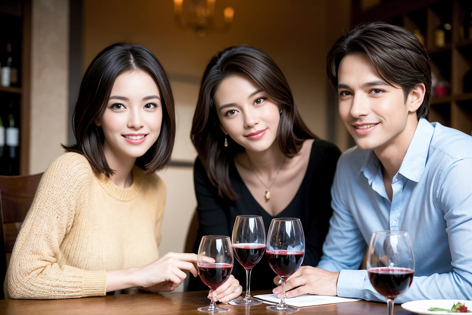 ((Highest quality、、masterpiece:1.3))、のsmile、1 male、1 female、Beautiful couple、love love love、Lovers in Paris、Good friends、actress couple、smile、Full-course dinner at a packed table、Brown Hair Couple、the body is スリム、((Bob Hale、Straight hair:1.2)), (Realistic, Intricate details:1.2), Wine glasses on the table、Put the light on your face、 Amazing view of the sunset sky and clouds、A bright smile、The wonderfulness of smile、Bright image、The beauty of wine, Beautiful Face, blue eyes, The light shines on your face, Blushing, short hair,Bright Face、 (Age 37), 39 years old, red wine 、Wine bottle、Champagne、sparkling wine、Two beauties、Brown Hair、Shortcuts、Long sleeve shirt、dress、Beautiful woman 1, (Slim face), (the body is スリム), (Brown Hair), (Shortcuts), cheeks turn a little red,Attractive beauty、restaurant,
