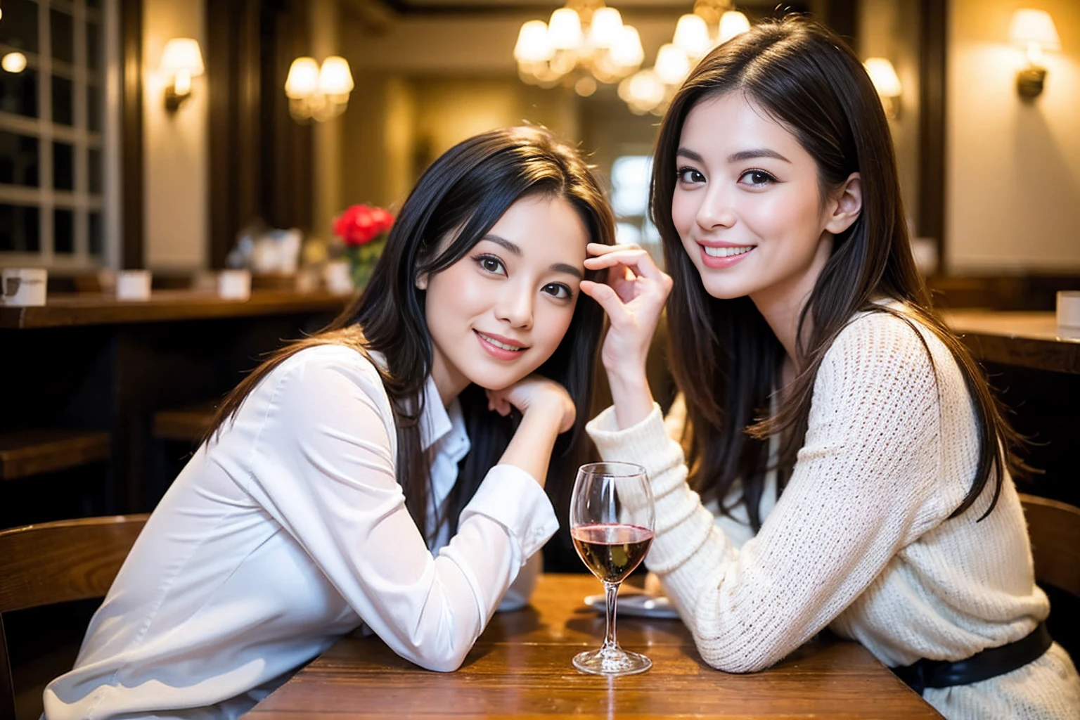 ((Highest quality、、masterpiece:1.3))、のsmile、1 male、1 female、Beautiful couple、love love love、Lovers in Paris、Good friends、actress couple、smile、Full-course dinner at a packed table、Brown Hair Couple、the body is スリム、((Bob Hale、Straight hair:1.2)), (Realistic, Intricate details:1.2), Wine glasses on the table、Put the light on your face、 Amazing view of the sunset sky and clouds、A bright smile、The wonderfulness of smile、Bright image、The beauty of wine, Beautiful Face, blue eyes, The light shines on your face, Blushing, short hair,Bright Face、 (Age 37), 39 years old, red wine 、Wine bottle、Champagne、sparkling wine、Two beauties、Brown Hair、Shortcuts、Long sleeve shirt、dress、Beautiful woman 1, (Slim face), (the body is スリム), (Brown Hair), (Shortcuts), cheeks turn a little red,Attractive beauty、restaurant,