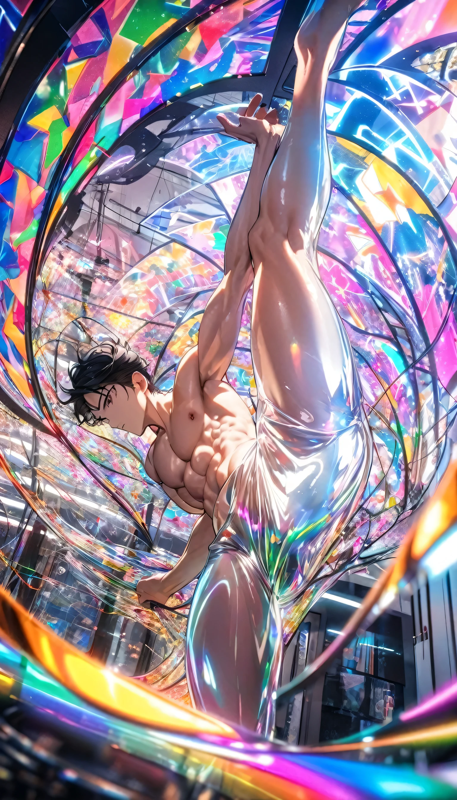 (Highest quality:1.2),One man,alone,Are standing_Split,whole body, Photo of a Japanese man in his 20s made of shiny white and silver translucent glass and plastic,Muscular and shirtless, Silver metal interior, Dynamic pose, Flow organic structure, A sparkling golden circuit, colorful Neon decoration, Light emitting circuit, Neon decoration, Depth of Field Focus F/2.8, H&#39;art.right. liver, Greg rightutowski