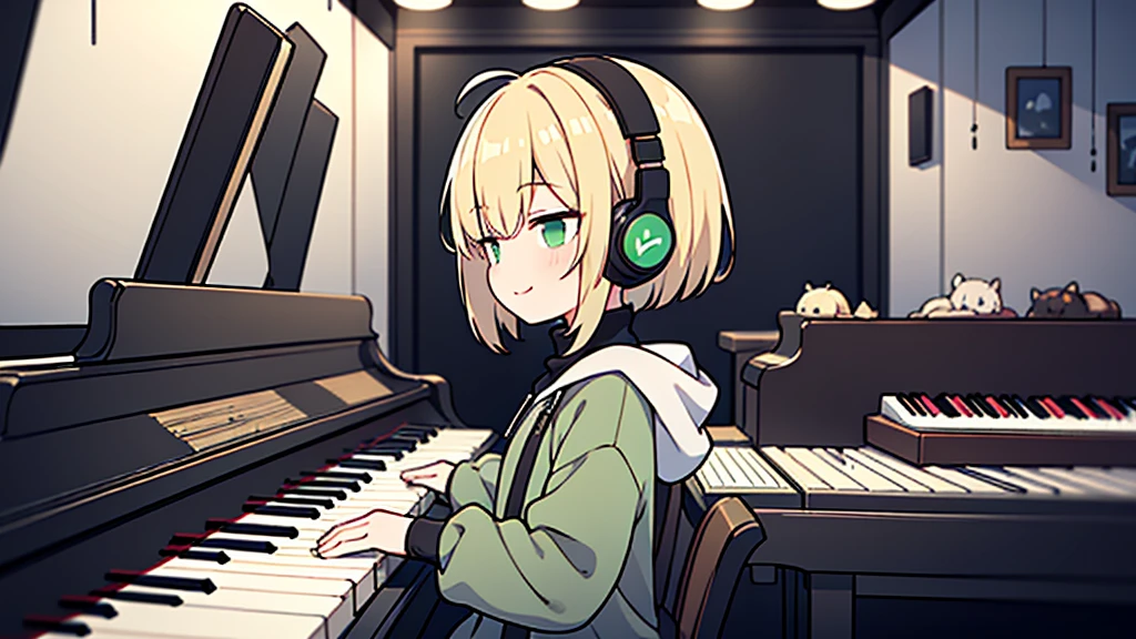 ((highest quality)), ((masterpiece)), (be familiar with), (Playing piano in the studio)short hair、perfect face,white half-up hair,green mesh blonde、cool black hoodie,headphones,black gloves,turtleneck,alone,İcon、profile、Right beside、Expressionless、smile、Light-colored clothing