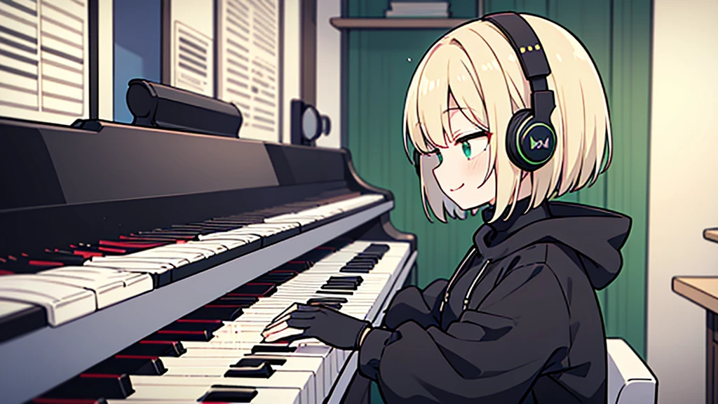 ((highest quality)), ((masterpiece)), (be familiar with), (Playing piano in the studio)short hair、perfect face,white half-up hair,green mesh blonde、cool black hoodie,headphones,black gloves,turtleneck,alone,İcon、profile、Right beside、Expressionless、smile、Light-colored clothing