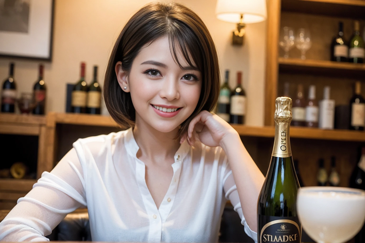 ((Highest quality、8K、masterpiece:1.3))、1 male、1 female、Couple、spouse、石原さとみ似美女Couple、The body is slim、((Bob Hale、Straight hair:1.2)), (Realistic, Intricate details:1.2), テーブルのフルコースディナーとwine glass、Shine light on your face、 Amazing view of the sunset sky and clouds、A bright smile、The wonderfulness of smile、Bright image、The beauty of wine, Beautiful Face, blue eyes, The light shines on your face, Blushing, short hair,Bright Face、43 years old), 39 years old, red wine 、Appetizers、Italian food、Wine bottle、Champagne、sparkling wine、Two beauties、Brown Hair、Shortcuts、Long sleeve shirt、dress、Beautiful woman 1, (slimな顔), (The body is slim), (Brown Hair), (Shortcuts), cheeks turn a little red,Attractive beauty、restaurant, In a prominent place (From the waist up) Nova Frog Style, actress, model, Upper Body, White wine, slim, wine glass, 中央に置かれたwine glass, smile, (smile: 1.15), Beautiful fine grain, Depth f/2,saturation, High Contrast, Strong light and shadow,Moist Body:1.5、3D texture、Delicate eyes、Brown Hair、The hair is very shiny、