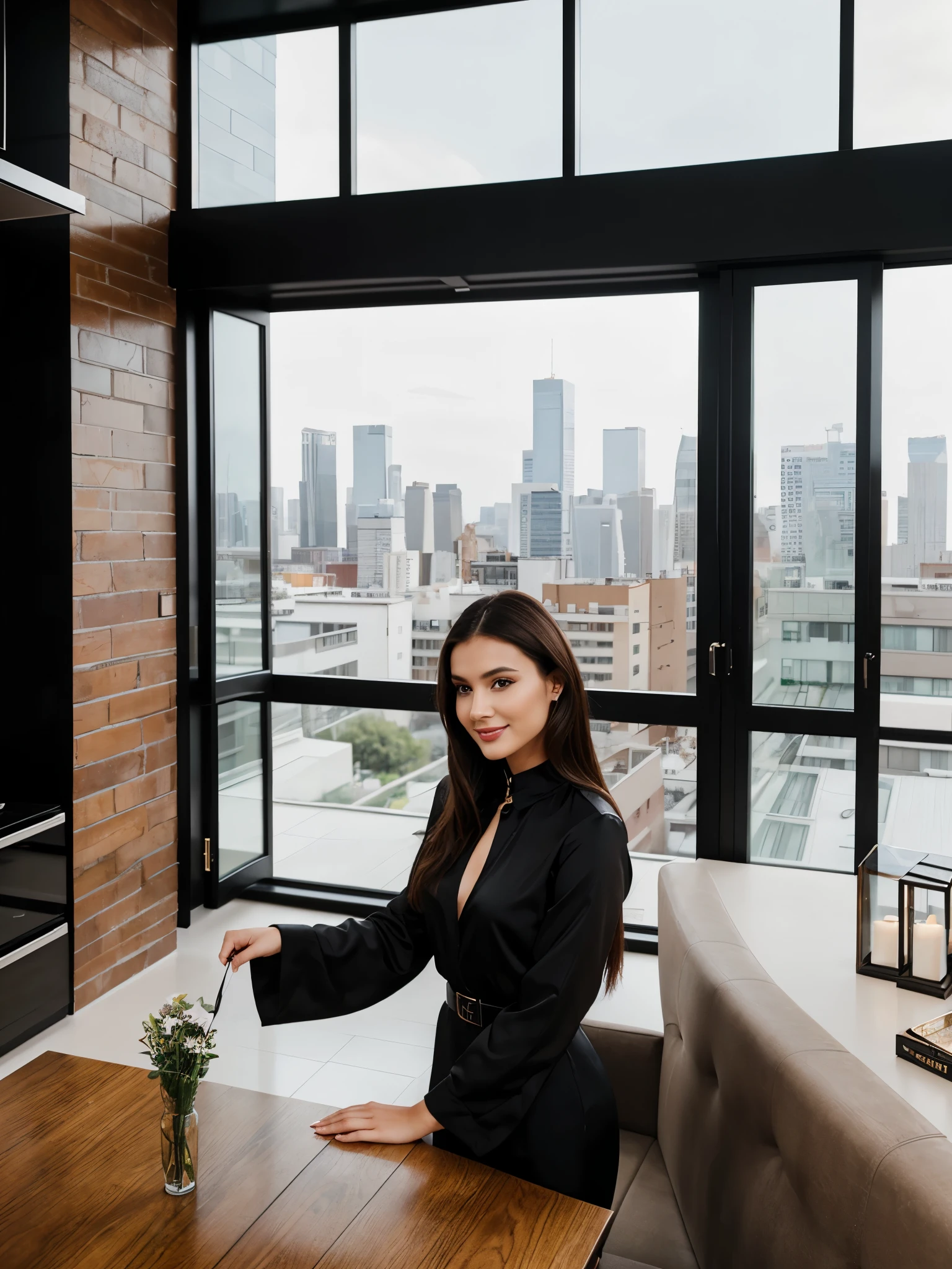 a fashion model 21 years old young woman with dark brown hair, , celebrating her birthday in a luxurious, contemporary loft apartment. She is standing by a large floor-to-ceiling window that offers a stunning view of the city skyline. The model is dressed in a chic, high-fashion black outfit that showcases her impeccable taste and style. She is holding a pair of highheels, her expression filled with joy as she reads the heartfelt messages inside. The apartment is tastefully furnished with modern, minimalist decor,