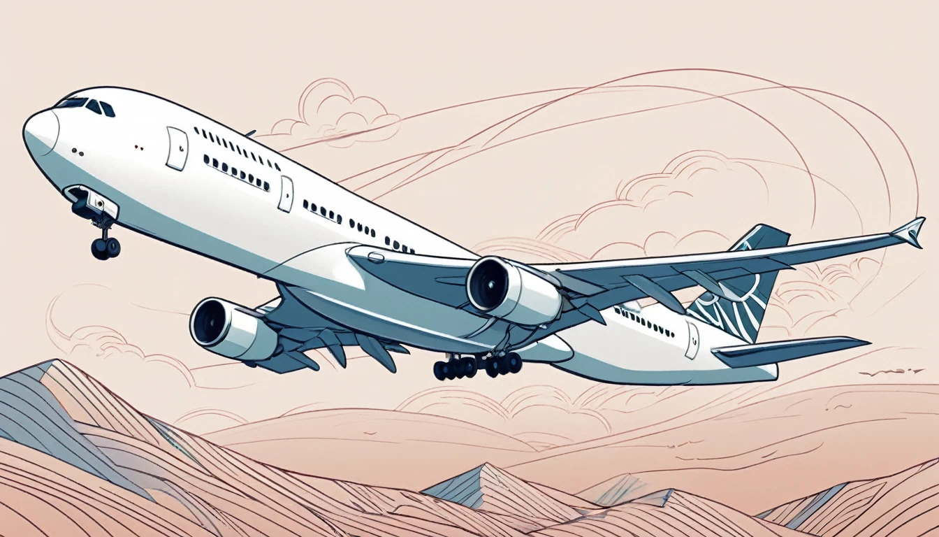 Airplane take-off scene,Vector Art, To flatten, Smooth line art, Minimalism, Graphic design aesthetics, Flat illustration, (masterpiece, best quality, Perfect composition, very aesthetic, absurd, Extremely detailed, Intricate details, professional, Official Art, representative work:1.3)