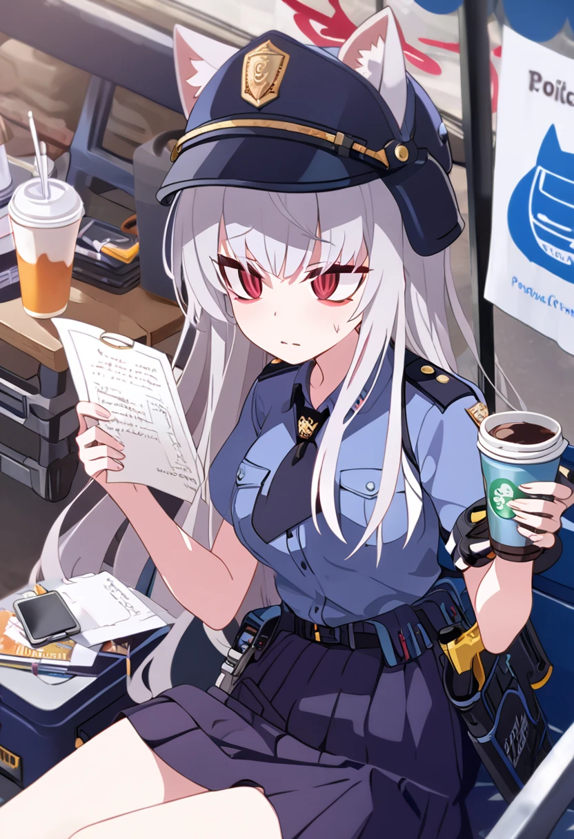 One girl,Fox Girl,Slit eyes,Silver Hair,Red eyes,Trimmed long hair,high school girl,Police uniform,Mobile Task Force Equipment,Bored look,Full Art,skirt lift,Handgun,Sitting on a bench,Paper cup in hand,mobile phone