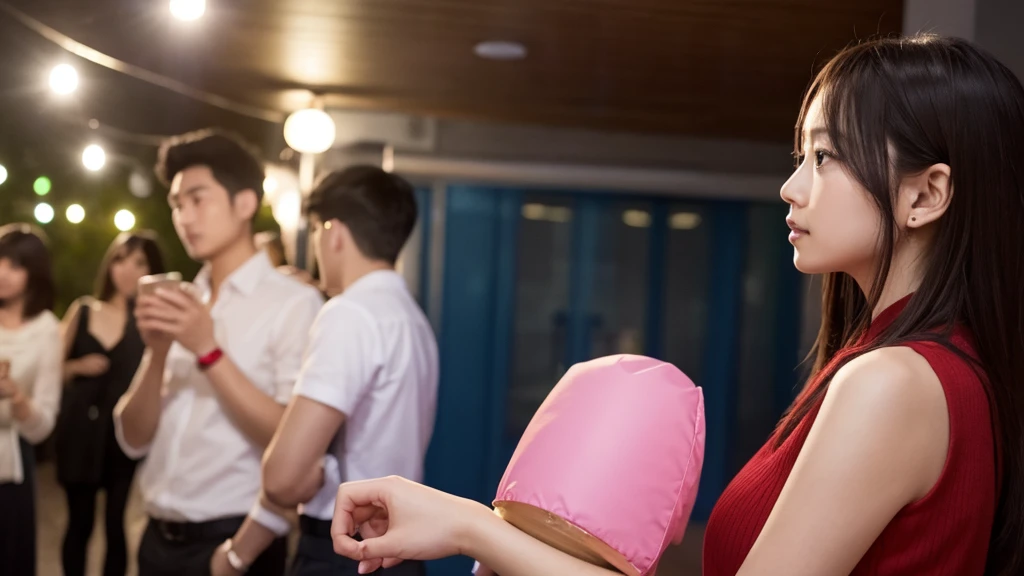 During the party、A woman stands at a distance