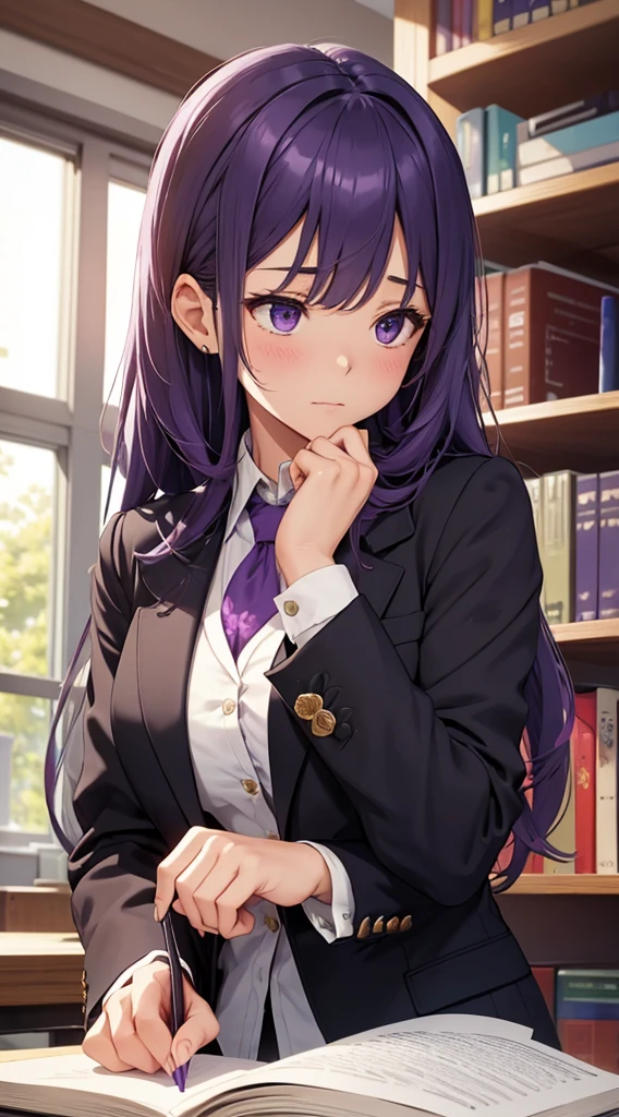 In a quiet corner of the school library, a girl with wavy purple hair sat at a wooden desk. Her uniform, a dark blazer with a crisp white shirt and a purple tie, contrasted with the softness of her floral hair accessories. In her right hand, she held a pen, its tip hovering just above a blank page. Her expression was one of deep concentration, as if she were about to write something profound. The background blurred, emphasizing the intimate moment of creativity and thoughtfulness.