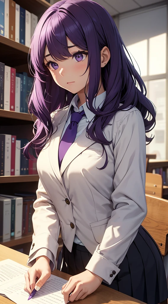 In a quiet corner of the school library, a girl with wavy purple hair sat at a wooden desk. Her uniform, a dark blazer with a crisp white shirt and a purple tie, contrasted with the softness of her floral hair accessories. In her right hand, she held a pen, its tip hovering just above a blank page. Her expression was one of deep concentration, as if she were about to write something profound. The background blurred, emphasizing the intimate moment of creativity and thoughtfulness.