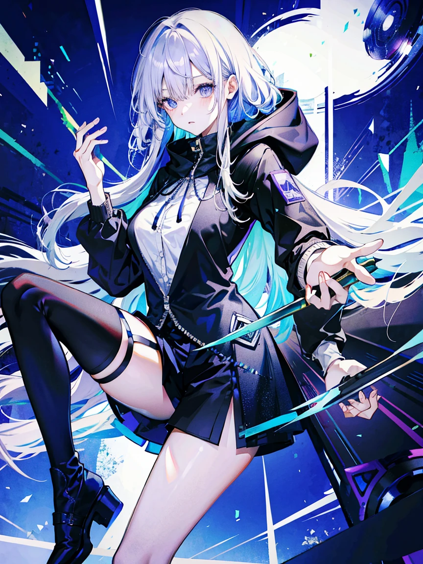 (Fine and beautiful eyes)、long hair,Long, blue-gray hair,Two moles under the eyes,Beautiful purple eyes,Detailed eyes,Detailed face,Large breasts,Black Hoodie、Thin legs,Long black boots、High resolution eyes、Jewel-like eyes、Straight Hair、Minimally revealing clothing、Short, oversized black shorts、Extreme Detail、High resolution、Shining Eyes