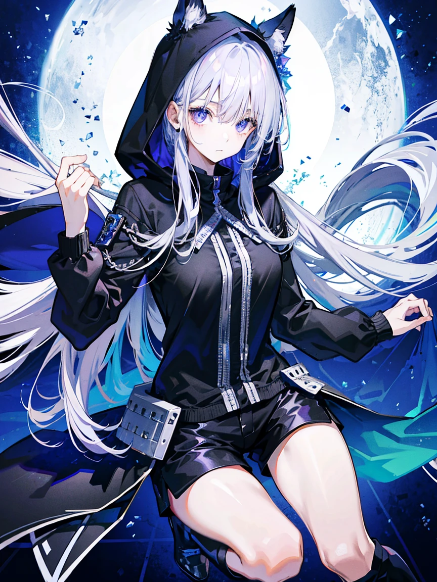(Fine and beautiful eyes)、long hair，Long, blue-gray hair，Two moles under the eyes，Beautiful purple eyes，Detailed eyes，Detailed face，Large breasts，Black Hoodie、Thin legs，Long black boots、High resolution eyes、Jewel-like eyes、Straight Hair、Minimally revealing clothing、Short, oversized black shorts、Extreme Detail、High resolution、Shining Eyes