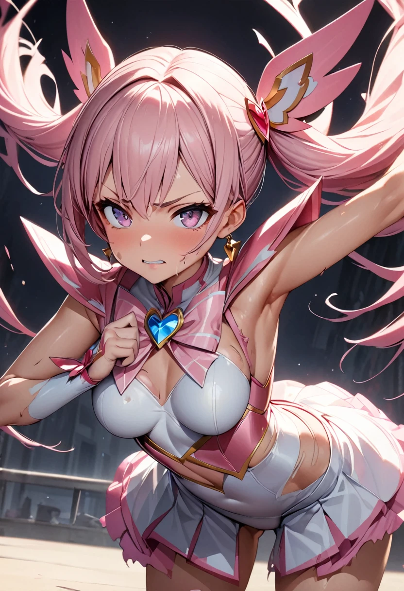 (Perfect Anatomy)、Mastepiece、Ultra High Quality、 8K、masterpiece、Highest quality、Ultra-high resolution、Maximum resolution、Very detailed、Professional Lighting、anime、woman、thin、so beautiful、Highly detailed eye、Highly detailed face、Golden earrings、Pink Hair,、Pink eyes, upper arm pink armor, white leotard, pink pattern, whole body, magical girl, Angel Girl, fighting pose, ((Clothes are torn and damaged)), (((doggystyle)))