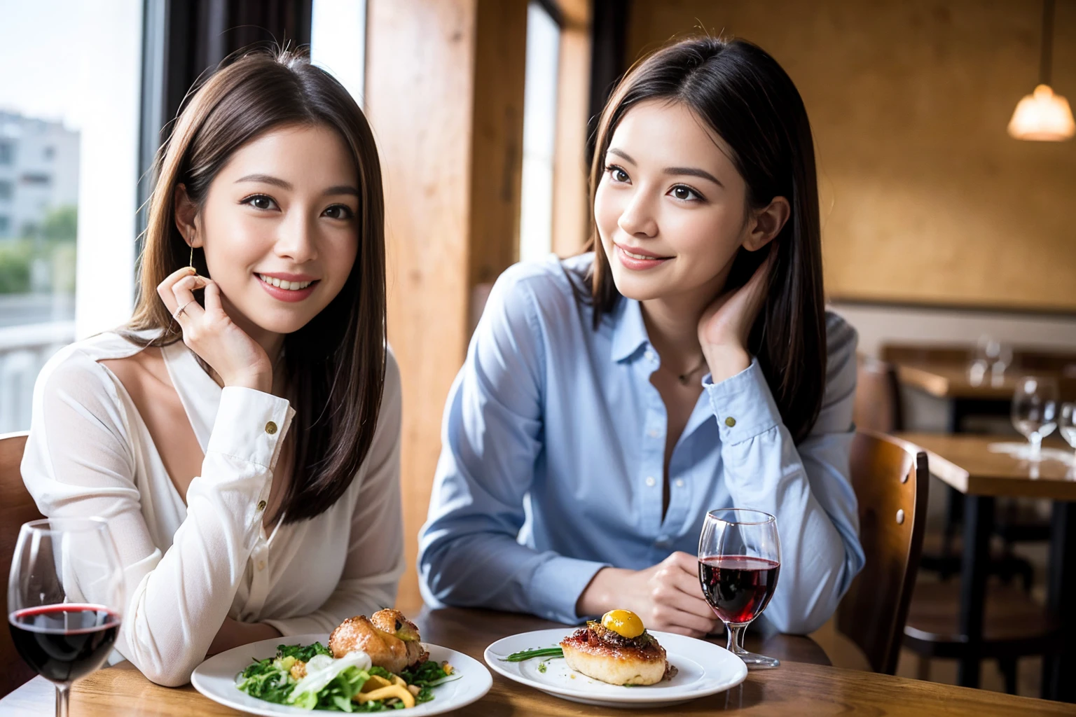 ((Highest quality、8K、masterpiece:1.3))、1 male、1 female、spouse、Beautiful couple、Japanese couple、smile、 (Slim face), (the body is スリム), (Brown Hair), (Shortcuts), ((Bob Hale、Straight hair:1.2)), テーブルの上のwine glass、Please shine a light on my face、 Amazing view of the sunset sky and clouds、smileの美しさ、Bright image、Blushing, Shortcuts,Bright Face、 (36 years old), 39 years old, red wine 、Appetizers、Italian food、Wine bottle、Champagne、sparkling wine、Long sleeve shirt、dress、Attractive beauty、restaurant, Nova Frog Style, actress, model, Upper Body, White wine, red wine, wine glass, 