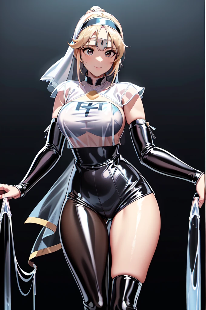 1girl,solo,(clergy:1.6),cowboy shot,standard height,standing,(blonde hair:1.4),long hair,ponytail,parted bangs, circlet, headband,(brown eyes:1.4),(beautiful fingers:1.6),(perfect anatomy:1.4),(arms_behind_back:1.6),(cold_shoulder:1.2),(pastel blue lace glossy silk lamé nun clothes:1.6),(dress:1.2),(latex luster shiny glossy metallic:1.4),(shiny_clothes:1.4),small breasts,masterpiece,best quality,(Ultra high definition eyes:1.2),8k,(Beautiful detailed eyes:1.2),(Fine and beautiful eyes:1.2),(pretty eyes:1.2),finely detail,extremely CG, absurdres,high resolution,illustration,Detailed and beautiful outlines,finely detail,high resolution,(colorful refraction:1.4,Increase saturation:1.2),beautiful lighting,dynamic lighting,closed room,black background,simple background, smile,looking at viewer,(white Clear PVC sheets sleeves:1.4),(sheer sleeves:1.4),(see-through sleeves:1.4),(wide sleeves:1.2),(white thigh boots)