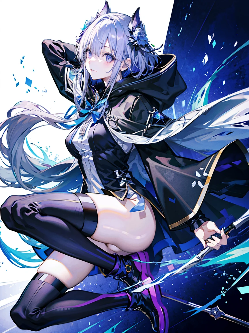(Fine and beautiful eyes)、long hair,Long, blue-gray hair,目の下にmoleが二つ,Beautiful purple eyes,Detailed eyes,Detailed face,Large breasts,Black Hoodie、Thin legs,Long black boots、High resolution eyes、Jewel-like eyes、Straight Hair、Minimally revealing clothing、Short, oversized black shorts、Extreme Detail、High resolution、Shining Eyes、Smiling、mole