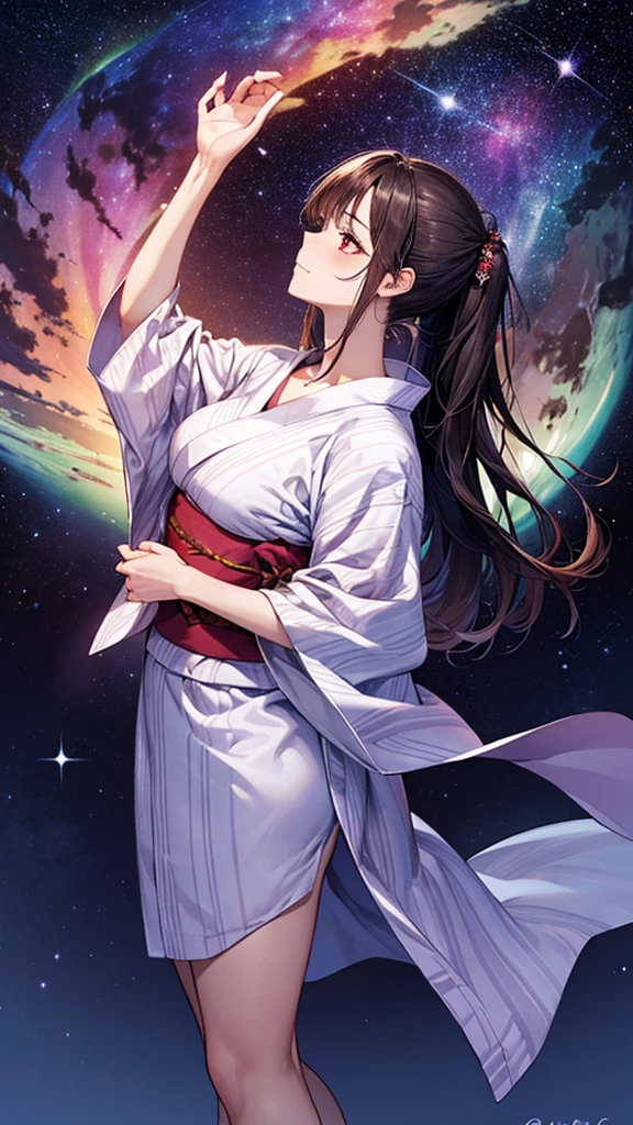 ((Highest quality)), ((High resolution)), ((masterpiece)), (detailed),
Written boundary depth, Anatomically correct, One woman, Perfect Face, profile, Shiny skin,
(Long Hair:1.5, Half-up hairstyle), Red eyes, Long eyelashes, (Big Br
Beautiful Hair, Beautiful Face, Beautiful details, Beautiful clavicle, Beautiful body, Beautiful breasts, Beautifus, Beautiful legs,
(Pink Yukata, White band),
(Beautiful views), Starry Sky, nebula, milky way, Aurora, Hands stretched out,