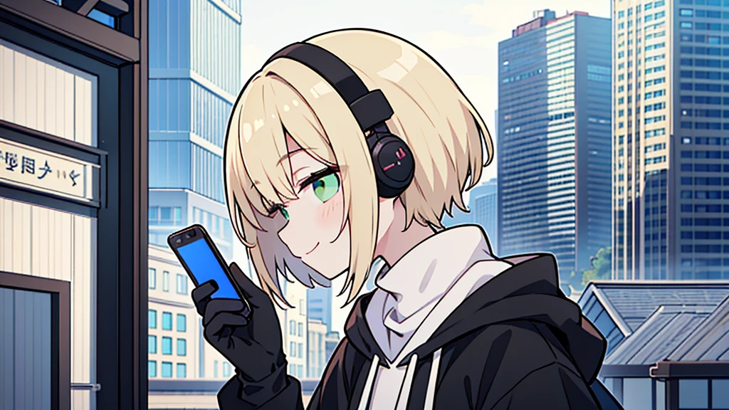 ((highest quality)), ((masterpiece)), (be familiar with), (Looking at a smartphone on the roof of a building)short hair、perfect face,white half-up hair,green mesh blonde、cool black hoodie,headphones,black gloves,turtleneck,alone,İcon、profile、Right beside、Expressionless、smile、Light-colored clothing