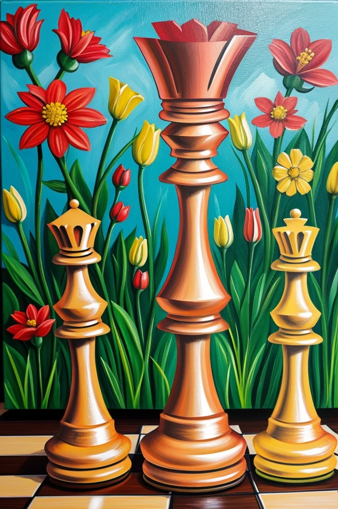 Acrylic style painting showing large chess pieces with flowers,