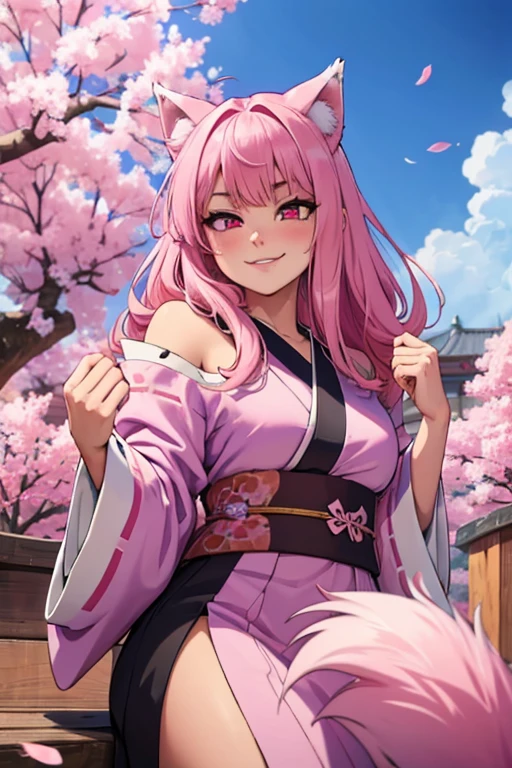 a young pink haired wolf woman with violet  eyes and pink wolf ears and a pink wolf tail in a prettty kimono is smiling and blushing in a flurry of cherry blossom
