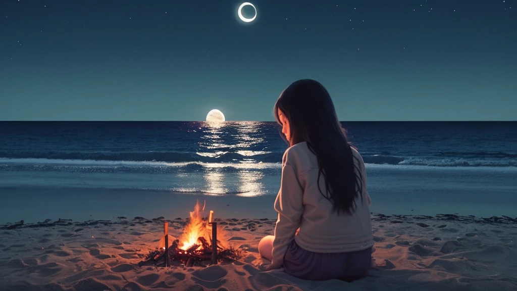 Lo-fi music anime illustration of a girl sitting on the beach at night watching a bonfire。The moon is reflected on the surface of the sea、It creates a calm and quiet atmosphere。The girl is relaxing in a camping chair、A gentle breeze makes me feel like time is passing slowly as my hair flutters.。The only light is from the moon and the bonfire