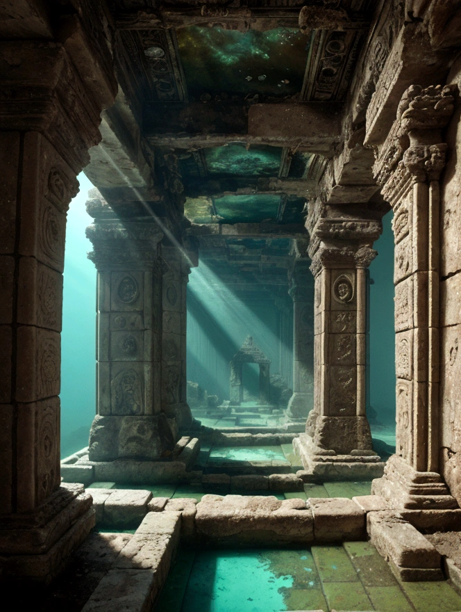 The Lost City of Atlantis, Underwater photography, algae, Caustics, Ancient underwater temples damaged by time and erosion,