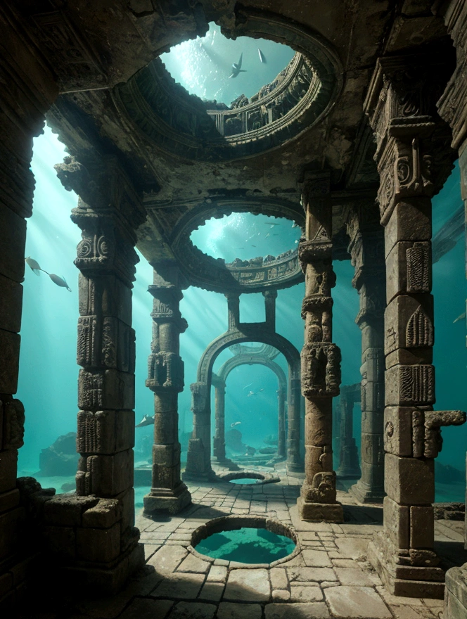 The Lost City of Atlantis, Underwater photography, algae, Caustics, Ancient underwater temples damaged by time and erosion,