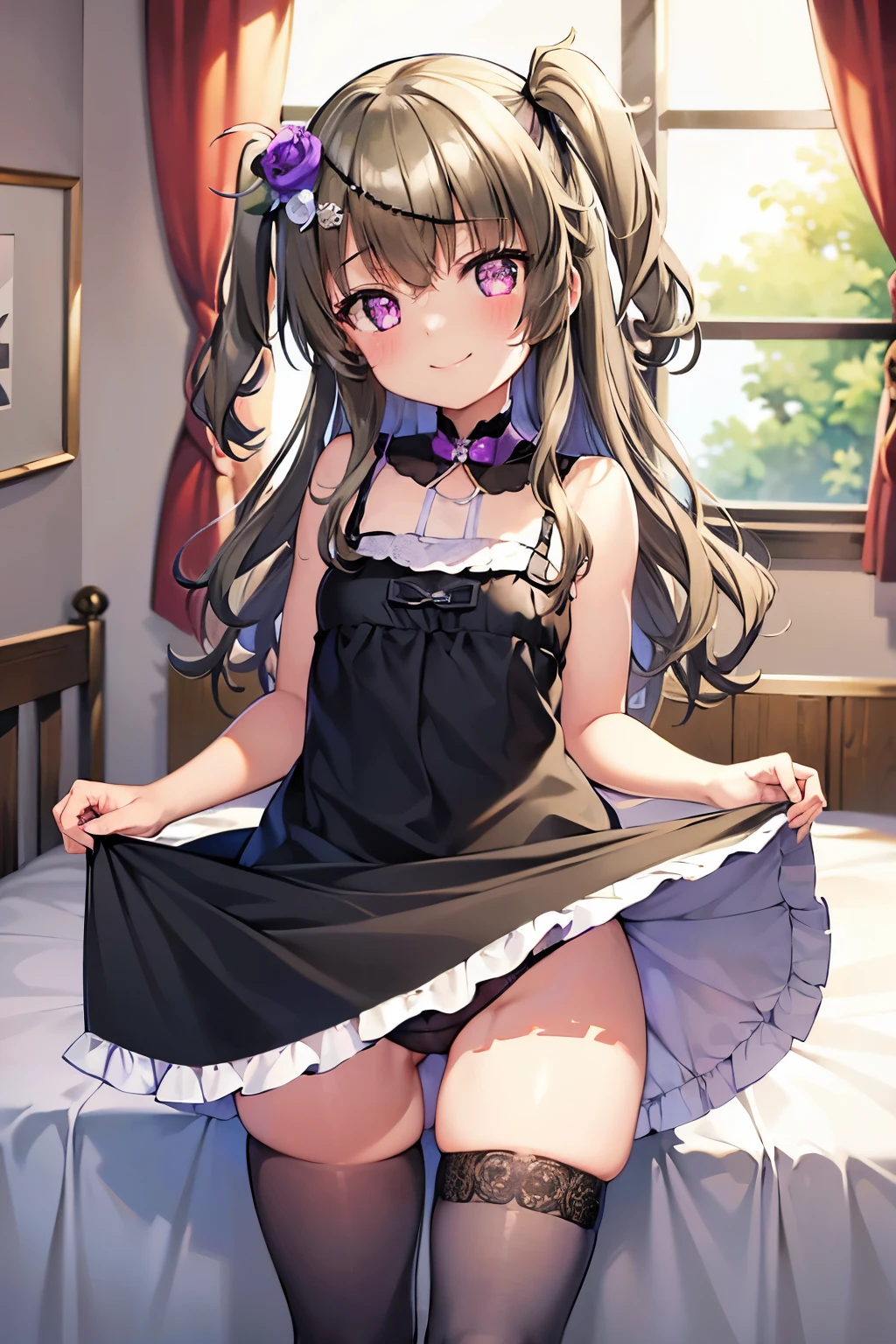 Himari Mei, masterpiece, li, cute, flat chest, {{{nsfw}}}, black short dress, detailed sparkling and brilliant purple eyes, head tilt, in castle style bedroom, cute and shy smile, Wide legged, clearly showing off black panties, thighhigh sox, hold legs up, short skirt, skirt lift