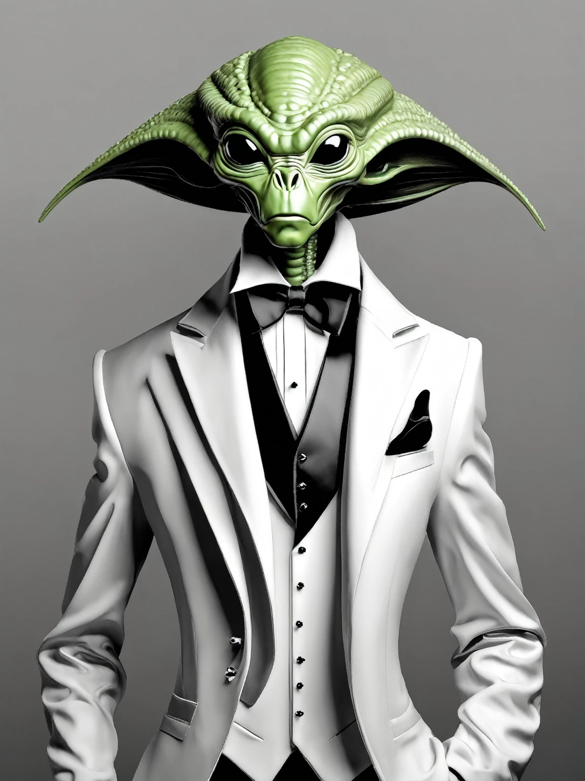 alien in tuxedo, curly hair, goatee