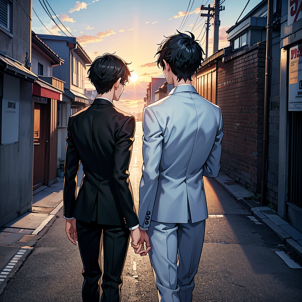 Anime style, 1boy, short black hair, light blue eyes, wearing all black suits, street, sunset, high res, ultrasharp, 8k, masterpiece, looking at viewer from behind