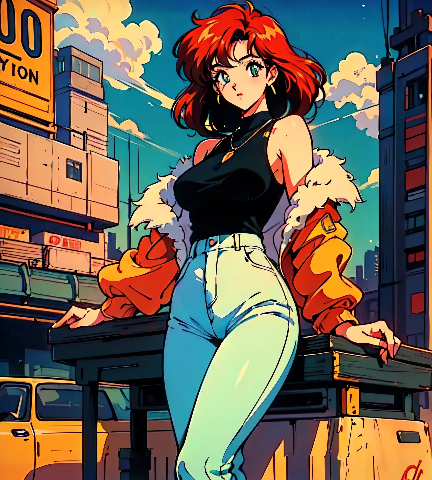(80's, retro, city pop poster:1.5), (album cover), (masterpiece, best quality), (anime, illustration),
best photo pose, dynamic angle, cowboy shot, 80s style sunglasses, sexy
girl, solo, 80 anime style, 19 year old Russian woman, red hair, straight flat hair , shoulder height hair, Bangs, Smoking a cigarette, Wearing a tight white shirt, tight 80s jeans , night city street environment , Green eyes, large breasts, wide hips, perfect detail eyes, delicate face,