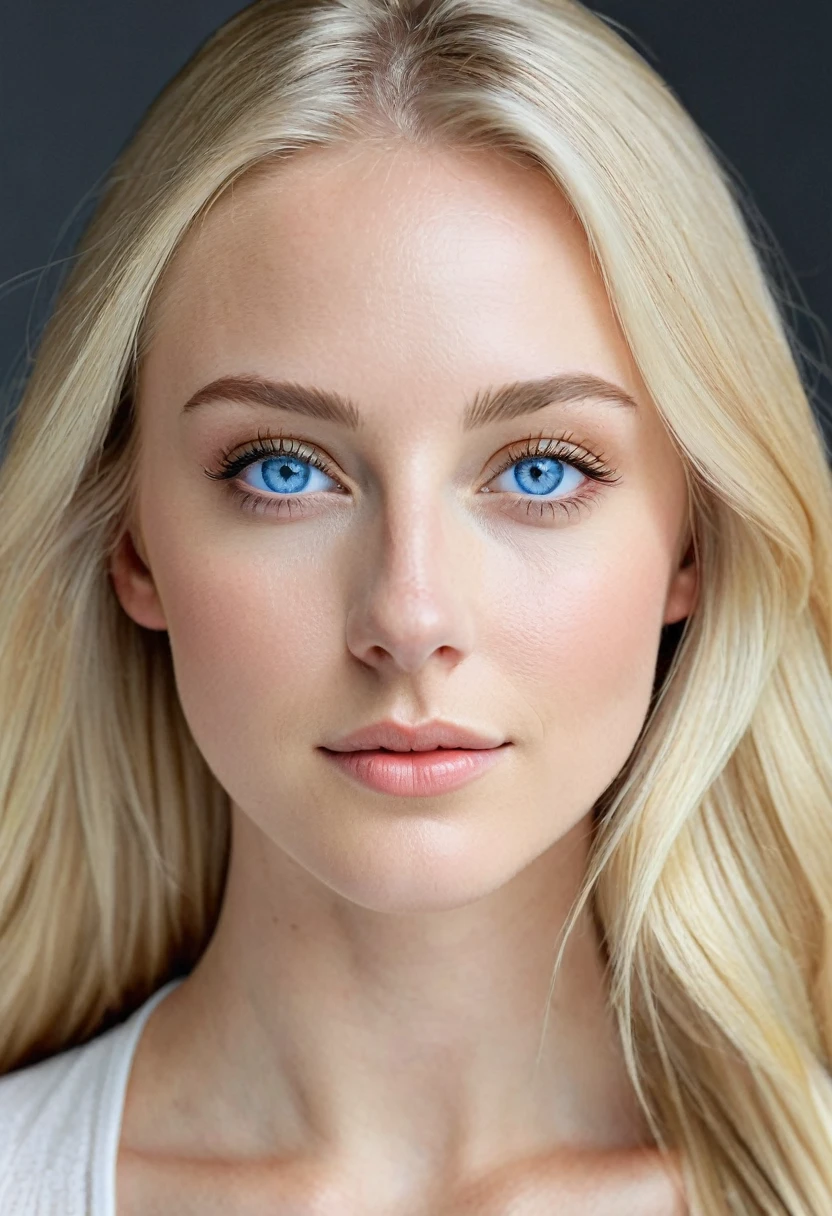 Extremely light white woman, young, adult, neoteny, blue eyes, angelic face, fine features, thin nose, symmetrical face, small nose, perfect face, tenderness, smooth skin, perfect skin, very long light blonde hair,hyper realistic