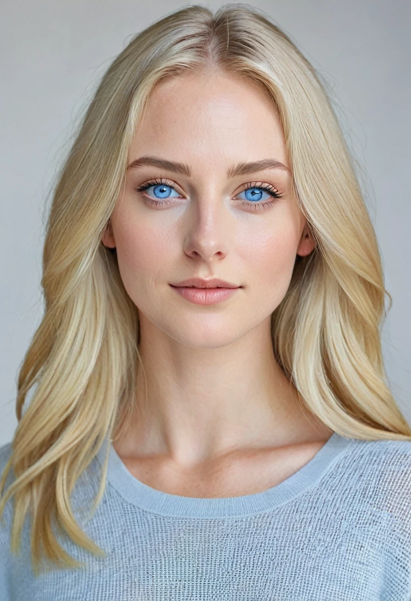 Extremely light white woman, young, adult, neoteny, blue eyes, angelic face, fine features, thin nose, symmetrical face, small nose, perfect face, tenderness, smooth skin, perfect skin, very long light blonde hair,hyper realistic