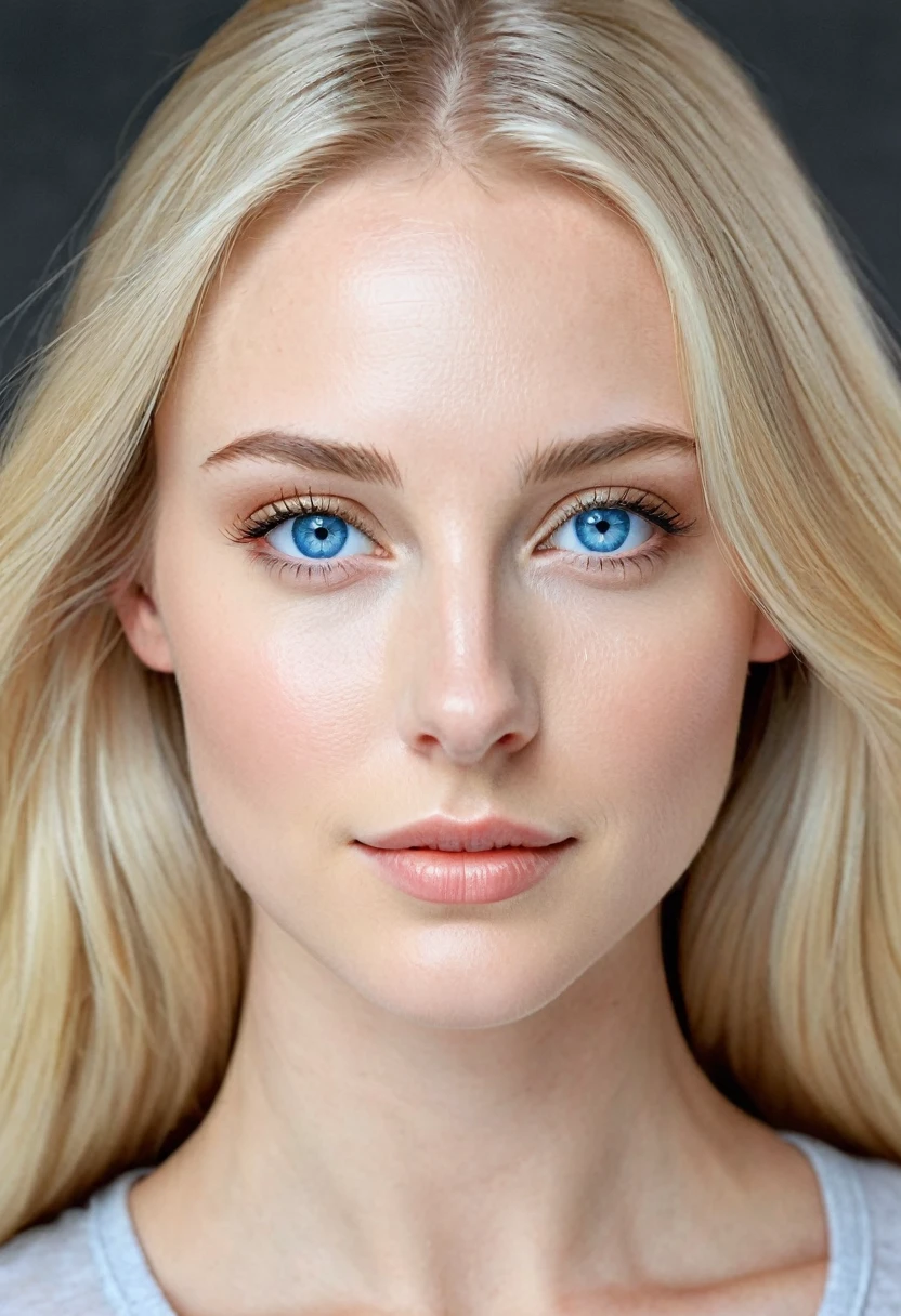 Extremely light white woman, young, adult, neoteny, blue eyes, angelic face, fine features, thin nose, symmetrical face, small nose, perfect face, tenderness, smooth skin, perfect skin, very long light blonde hair,hyper realistic