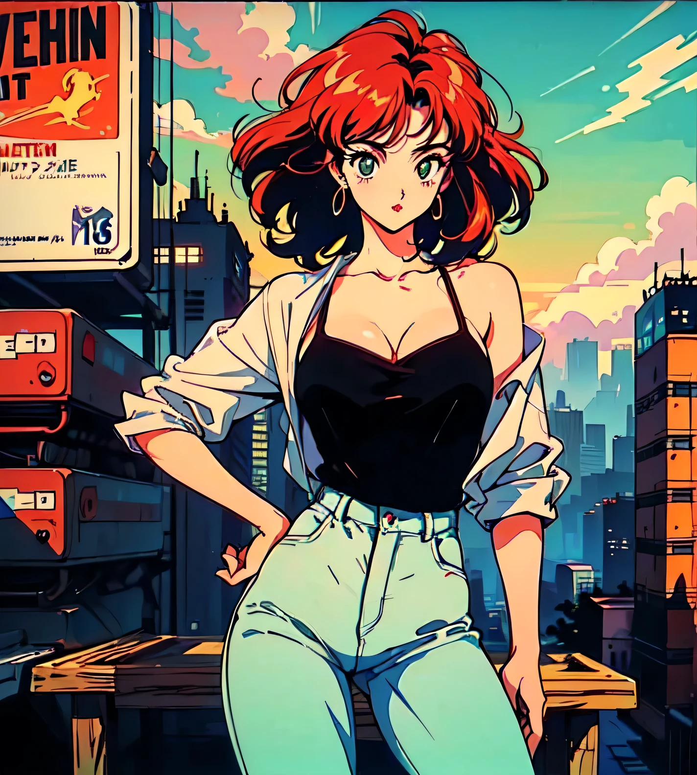 (80's, retro, city pop poster:1.5), (album cover), (masterpiece, best quality), (anime, illustration), 
best photo pose, dynamic angle, cowboy shot, 80s style sunglasses, sexy
girl, solo, 80 anime style, 19 year old Russian woman, red hair, straight flat hair , shoulder height hair, Bangs, Smoking a cigarette, Wearing a tight white shirt, tight 80s jeans , night city street environment , Green eyes, large breasts, wide hips, perfect detail eyes, delicate face,